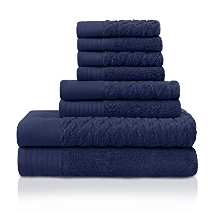 Superior 100% Turkish Cotton 8-Piece Towel Set, Dense Cordage Pattern Jacquard Weave, Super Soft, Plush and Highly Absorbent - Navy Blue, 2 Bath Towels, 2 Hand Towels, and 4 Wash Cloths