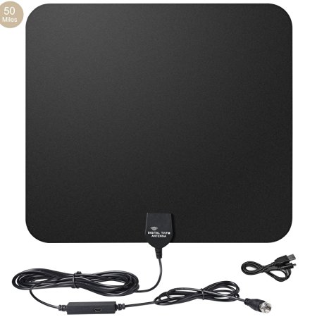 YaphteS 50 Miles Range Amplified HDTV Antenna - Ultra Thin HDTV Indoor Antenna with 16.4ft Coax Cable, the Highest Performance and Longest Reception