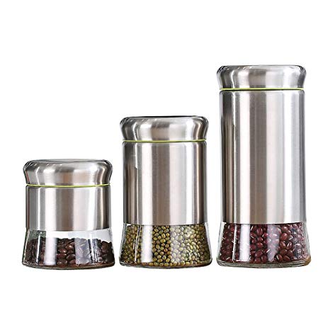 Vencer 3-Piece Stainless Steel Lead-Free Glass with Lids Canister Set Airtight Storage Cans Coffee,Tea,Sugar,Flour for Kitchen,VFO-006