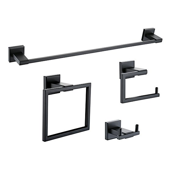 KES 4-Piece Bathroom Accessory Set Towel Bar Toilet Paper Holder Towel Ring and Robe Hook Matt Black Wall Mount SUS 304 Stainless Steel, LA24BK-42