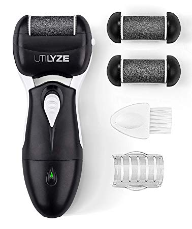 UTILYZE Most Powerful Rechargeable Electronic Foot File Wet & Dry Pedicure Tools Electric Callus Remover With Turbo-Boost Motor, 3 Rollers Included (Black)