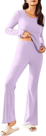 Ekouaer Women's Pajamas Set Comfy Long Sleeve Top and Flared Pants Loungewear Pj Set Slim 2 Piece, S-XXL