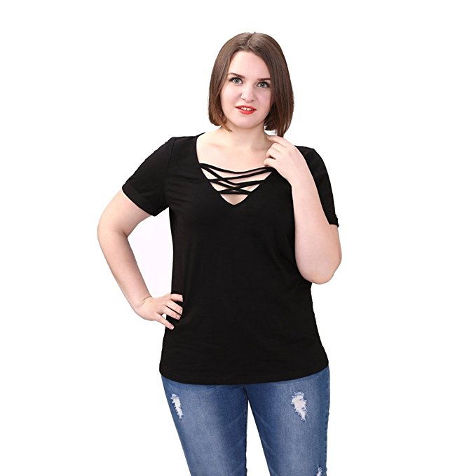 TM Women's Plus Size Tunic Short Sleeve Cleavage Top Plunge Tops for Clubbing