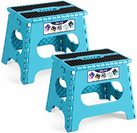 Delxo 11" Folding Step Stool for Kids and Adults,2Packs Non-Slip Foldable Step Stools with Handle,Plastic Portable Folding Stool for Bathroom,Bedroom,Kitchen,Hold up to 300lbs Blue