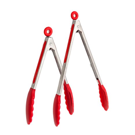 iNeibo Kitchen Premium Silicone Tongs - Pack of 2, 9"and 12" - Non-slip & Easy Grip Stainless Steel Handle - Smart Locking Clip - Heat Resistant, Food Grade - Handy Utensil For Cooking, Serving, Barbecue, Buffet, Salad, Ice, Oven (Red)