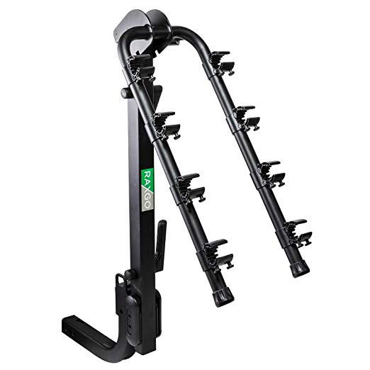RaxGo Premium Hitch Mounted 4 - Bike Rack Carrier, Sturdy Bicycle Rack – Fits 2” Receiver – Foldable Design, Tilt Handle for Extra Convenience – Transports Up to 132 Lbs. – Easy Assembly
