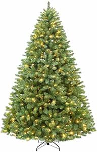 Hykolity 9 ft Pre-Lit Christmas Tree, Artificial Christmas Tree with 600 Warm White Lights, 2100 Branch Tips, Metal Stand and Hinged Branches for Holiday, Decoration