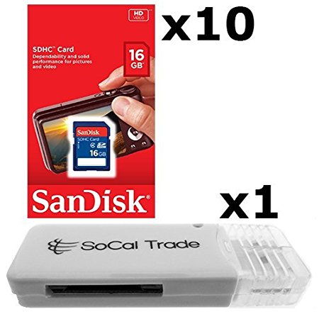 10 PACK - SanDisk 16GB SD HC Class 4 Secure Digital High Speed SDHC Flash Memory Card SDSDB-016G 16G 16 GB GIGS (S.B16.RTx10.562) LOT OF 10 with USB SoCal Trade© SCT SD Memory Card Reader - Retail Packaging