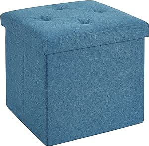 VECELO Storage Ottoman, 15'' Folding Footstools, Multipurpose Foot Rest Stool, Foldable Linen Fabric Ottomans, Small Square Ottoman Cube for Living Room/Bed Room/Dorm, Blue