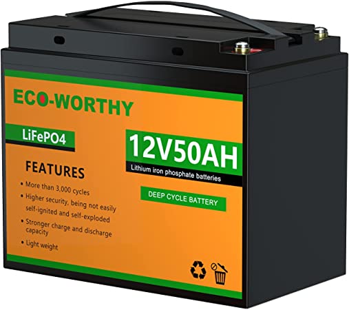 ECO-WORTHY 12V 50Ah LiFePO4 Lithium Iron Phosphate Battery Deep Cycle Rechargeable Battery with Built-in BMS, 3000  Life Cycles, Perfect for RV, Marine, Travel Trailer, Solar, Household Battery