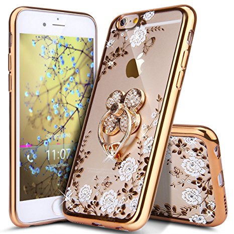 iPhone 5S Case,iPhone SE Case,iPhone 5 Case,ikasus [Glitter Crystal Plating Butterfly Floral] Luxury Bling Diamond Rhinestone Clear TPU Case for iPhone SE 5S 5, Gold White Flower,Clover Ring Stand