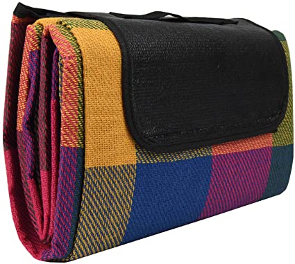 Vinsani 170 x 130cm Folding Picnic Blanket Waterproof & Sandproof Backing - Ideal for Camping & Outdoor Picnic - Multicoloured Rug Mat with Carry Handle