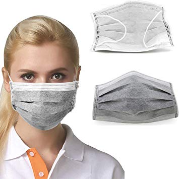 50 PCS Disposable Charcoal Activated Carbon Face Mask Earloop Mouth Mask Medical Surgical 4 Layer Filter Face Masks for Dust Smoke Cough Flu-Like Virus Droplets Water Fluid Resistance