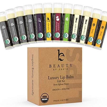 Beauty by Earth Organic Lip Balm Set; 12 Pack of Long Lasting Pure Natural Beeswax Chapstick; Assorted Moisturizing Flavors for a Clear Glossy Finish and Soft, Lush Lips