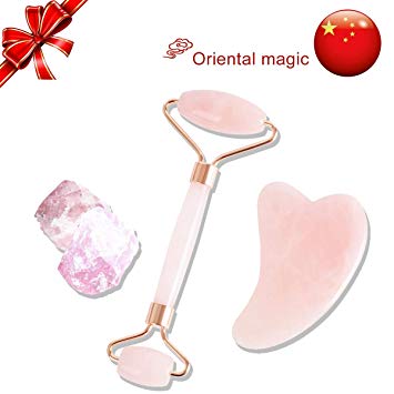 Jade Roller for Face and Neck 2 in 1 Jade Roller and Gua Sha Tools Set - No Squeaks/Natural Rose Quartz Face Roller - Face Massager For Anti Aging, Wrinkles, Puffiness - Facial Skin Massager Treatme