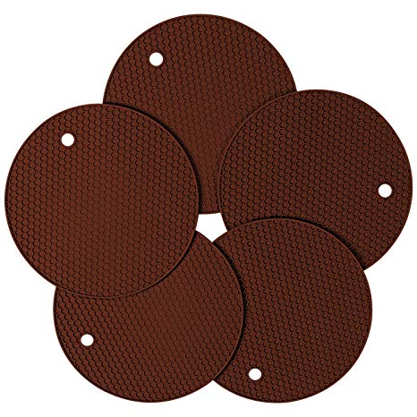 Silicone Pot Holder and Oven Mitts, Multipurpose Non-slip Insulation Honeycomb Rubber Hot Pads Trivet, Heat Resistant Antislip Place Mat, Pack of 5 (Coffee Brown)