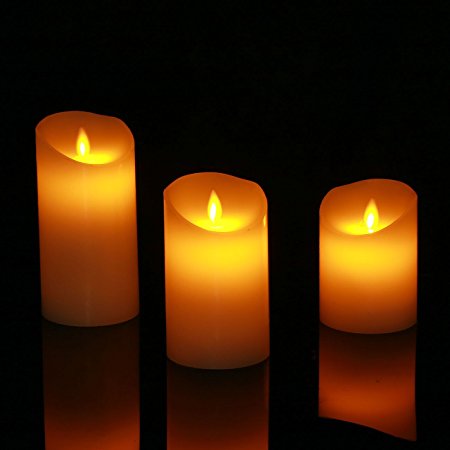 Homemory Amber Yellow WAX Led Flameless Candles, Set of 3 Realistic Moving Flame Fake Candle, Height 4" 5" 6" Battery Operated Pillar Candle - Wedding, Party, Church
