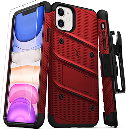 Zizo Bolt Cover - Case for iPhone 11 with Military Grade   Glass Screen Protector & Kickstand and Holster (Red/Black)