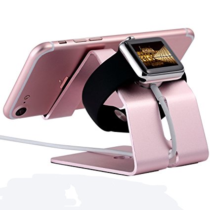 UniqueKay 2 in 1 iPhone Stand,Apple Wacth Charging Stand Aluminium Phone Dock for Smartphone and Tablets (Rose Gold)