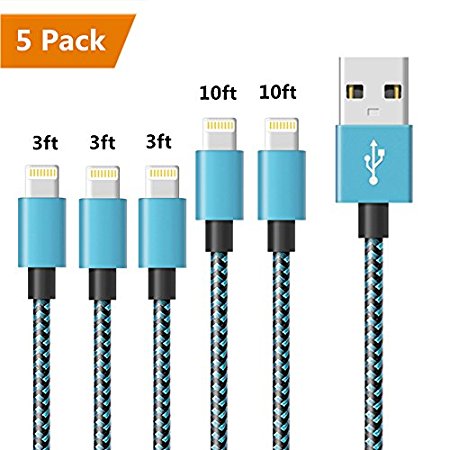 （5Pack） iPhone Charger Cable [3/3/3/10/10FT] Fast Sync Lightning Cable Charger USB Cable Nylon Braided Cord for iPhone 8/X 7/7 Plus/6/6s/6 Plus/6s Plus,5c/5s/5/SE,iPad Pro/Air/mini,iPod and more (Blue)