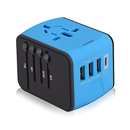 International Power Adapter, All In One World Universal Travel Plug Adapter with 2.4A USB and 3.0A USB Type-C, Converters and Travel Adapters for Europe UK US AU & Asia - Safety Fused (Blue)