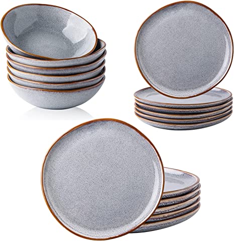 AmorArc Ceramic Dinnerware set, Service for 6 (18pcs), Stoneware Plates and Bowls Set,Highly Chip and Crack Resistant | Dishwasher & Microwave Safe,Gray-blue-Rustic Style