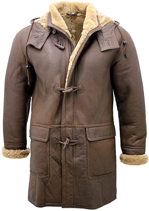 Infinity Men's Brown Sheepskin Leather Detachable Hood Duffle Coat