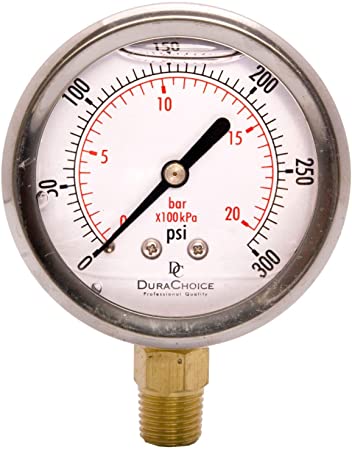 2-1/2" Oil Filled Pressure Gauge - Stainless Steel Case, Brass, 1/4" NPT, Lower Mount Connection 0-300PSI