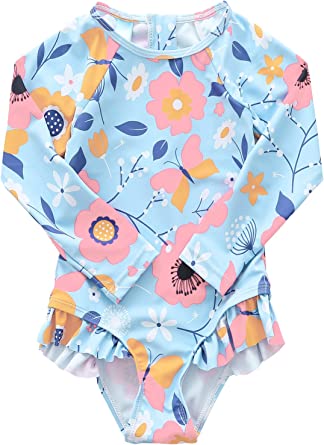 Baby Girls One Piece Swimsuits Long Sleeve Rash Guard Swimshirts Kids Sun Protection Bathing Suits