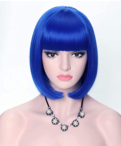 COSYMAY Synthetic Blue Wig for Women Cosplay Wig with Bangs 12 inch Short Bob Wig