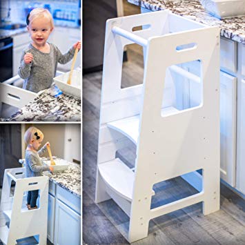 KidzWerks Child Standing Tower - White Child Kitchen Step Stool with Adjustable Standing Platform - Wooden Montessori Standing Tower - Kid's Step Stool