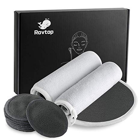 Rovtop 12Pcs Reusable Makeup Remover Pad - 10 Packs Bamboo Cotton Remover Pad and 2 Reusable Make-up Remover Towels, Laundry Bag