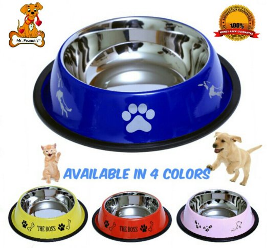 Mr. Peanut's Premium Stainless Steel Dog Bowl * Rust Proof with Non-Skid Durable Natural Rubber Base That Won't Slip * 32oz (Dry Weight) Pet Feeding Bowls