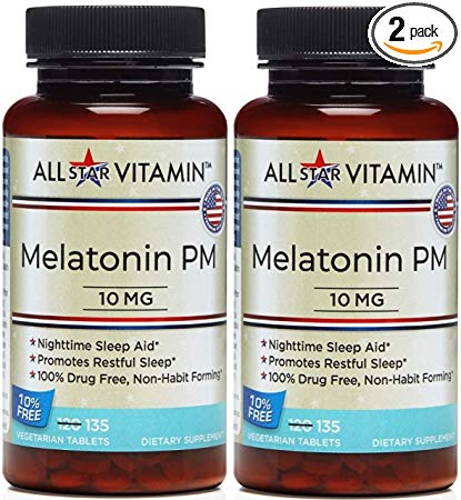 All-Star Vitamin Melatonin PM, 10mg, 135 Vegetarian Tablets, 2 Pack (270 Total), Sleep, Rest, Drug Free, Jetlag, Non-GMO, Gluten Free,
