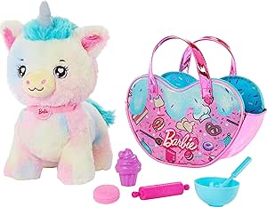 Barbie Stuffed Animals, Unicorn Toys, Plush Unicorn with Dessert-Themed Purse Playset and 5 Accessories, Chef Pet Adventure