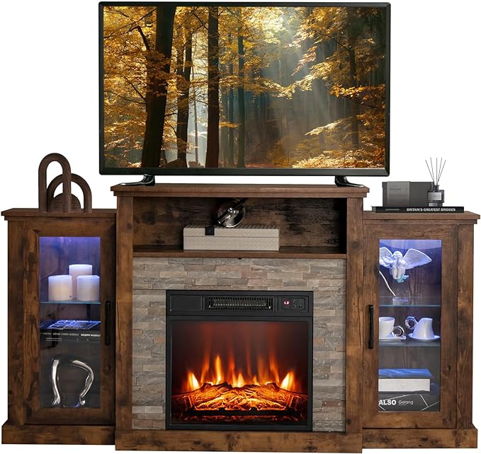 COSTWAY Electric Fireplace TV Stand for TVs Up to 65 Inches, 18-inch Fireplace Insert with APP Control, Remote Control, 16 Color Lights, Wooden Entertainment Center with Adjustable Shelves, Brown