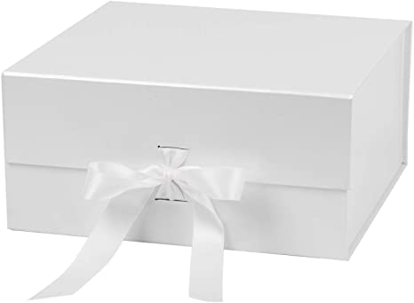 WRAPAHOLIC 2Pcs White Gift Box with Satin Ribbon, 8x8x4 Inches Collapsible Gift Box with Magnetic Closure for Party, Wedding, Gift Wrap, Bridesmaid Proposal, Storage