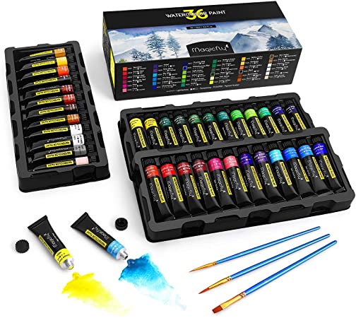 Magicfly Watercolor Paint, 36 Tubes (12ml/0.4 oz) Watercolor Paint Set including Classic Colors & Bonus 3 Paint Brushes, Non Toxic & Long-lasting Water Color Paints with Storage Box for Beginners, Professional Artists, Hobby Painters