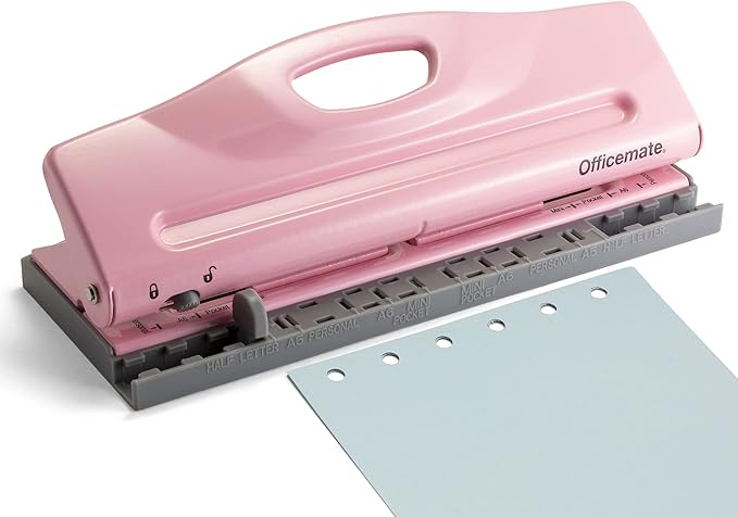 Officemate Adjustable 6-Hole Punch for Planners and Binders, 8 Sheet Capacity, Pink (90161)