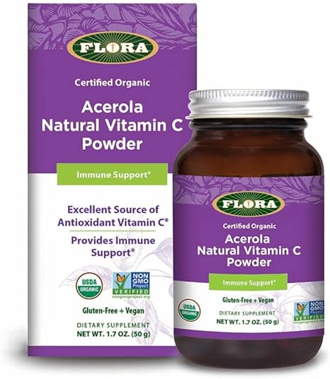 Flora - Acerola Powder, Pressed from Organically-Grown Fruit, Gluten-Free   Non-GMO   Organic   Vegan 50 g Powder Glass Bottle