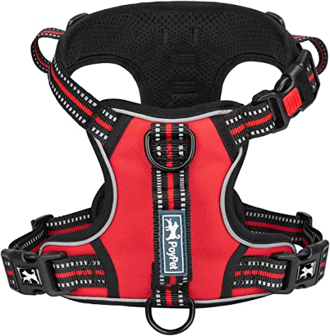 PoyPet No Pull Dog Harness, No Choke Front Clip Reflective Dog Vest with Soft Padded Vertical Handle, 3 Leash Attachments for Small Medium Large Dogs (Red,L)