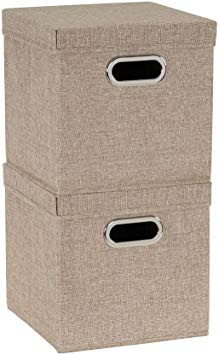Household Essentials 802-1 Café Cube Bin Storage Set with Lids and Handles | 2 Pack, Brown Linen