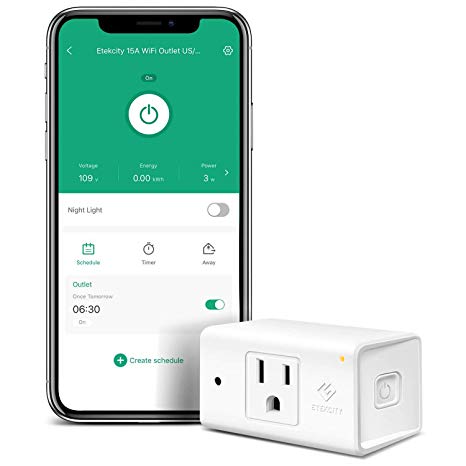 Etekcity WiFi Smart Plug Mini Outlet with [Automatic Night Light], Schedule with Energy Monitoring, No Hub Required, Works with Alexa and Google Home, ETL Listed, White, 15A/1800W