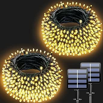 Solar String Lights Outdoor, 2 Pack 66FT 200 LEDs Solar Powered Lights with 8 Lighting Modes, IP65 Waterproof Solar String Lights for Outside, Party, Holiday (Warm White)