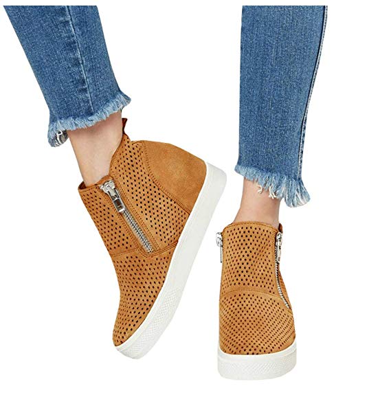 LAICIGO Women’s Platform Sneakers Hidden Wedges Side Zipper Faux Suede Perforated Ankle Booties