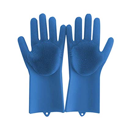 Magic Saksak Reusable Silicone Gloves with Wash Scrubber (13.6" Large), Heat Resistant, for Cleaning, Household, Dish Washing, Washing The Car (Navy)