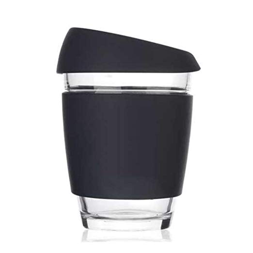 Wave Reusable Glass Coffee Tea Cup - Silicone Lid Travel Mug Takeaway - Barista Size 12oz/350ml - Unisex Eco-Friendly (Black)