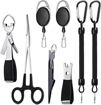 Skylety 8 Pieces Fly Fishing Tools Include 4 in 1 Fly Line Clipper Black Knot Tyer Fishing Line Nipper Fishing Hook Remover Forcep Retractors Keychains and Fishing Lanyard for Anglers