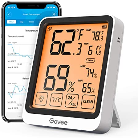 Govee Indoor Hygrometer Thermometer, Accurate Humidity Gauge with Smart App Alert, Bluetooth Temp Humidity Monitor, 4.5 Inch LCD Touchscreen and Backlight, 262ft Working Range with 2 Year Data Storage