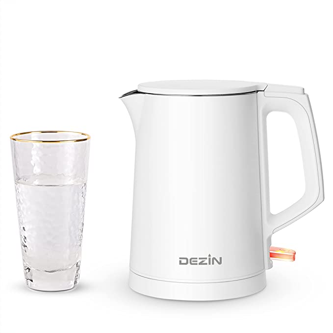 Dezin Electric Kettle, 0.8L Portable Travel Kettle with Double Wall Construction, Stainless Steel Electric Tea Kettle for Business Trip, Small Electric Kettle with Auto Shut-Off, White (Without Cup)